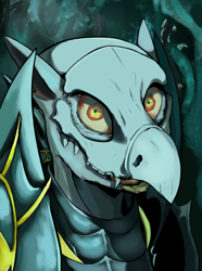 Size: 2340x3150 | Tagged: safe, artist:fly over, oc, griffon, undead, vampire, equestria at war mod, armor, bald, bust, high res, mask, portrait, stare