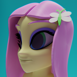 Size: 1080x1080 | Tagged: safe, artist:pwnypony db, derpibooru exclusive, fluttershy, human, equestria girls 10th anniversary, equestria girls, g4, 3d, big eyes, blender, blender cycles, blue background, bust, chromatic aberration, eyeshadow, gradient eyes, hairclip, makeup, pink hair, portrait, simple background, solo