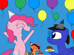 Size: 2000x1500 | Tagged: safe, artist:blazewing, pinkie pie, oc, oc:blazewing, oc:tough cookie, earth pony, pegasus, pony, unicorn, g4, atg 2023, balloon, belly, bipedal, blue background, cookie, cupcake, drawpile, eating, eyes closed, female, food, glasses, hat, hooves in air, male, mare, newbie artist training grounds, open mouth, party, party hat, plate, simple background, smiling, stallion