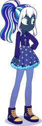 Size: 1054x3137 | Tagged: safe, artist:stesha, oc, oc only, oc:flaming dune, human, equestria girls 10th anniversary, equestria girls, g4, clothes, dress, eyeshadow, female, full body, green eyes, hand on hip, humanized, humanized oc, jacket, looking away, makeup, multicolored hair, pantyhose, ponytail, shoes, simple background, solo, transparent background