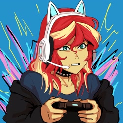 Size: 2620x2623 | Tagged: safe, artist:llama, sunset shimmer, human, equestria girls, g4, alternate hairstyle, cat ears, choker, clothes, controller, female, gamer sunset, gaming headphones, gaming headset, gritted teeth, headset, high res, hoodie, shirt, solo, spiked choker, t-shirt, teeth