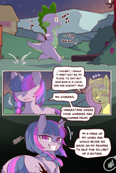 Size: 960x1440 | Tagged: safe, artist:cold-blooded-twilight, fluttershy, spike, twilight sparkle, dragon, pegasus, pony, unicorn, cold blooded twilight, comic:cold storm, g4, both cutie marks, bracelet, braid, butt, comic, dialogue, eyes closed, fangs, female, flower, flower in hair, grin, jewelry, looking at you, looking back, looking back at you, mare, open mouth, plot, smiling, speech bubble, sweat, sweatdrop, twibutt, unicorn twilight, wide hips