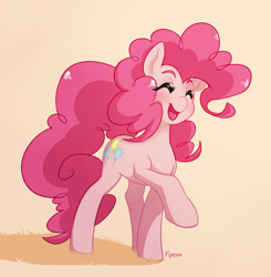 Size: 2893x2953 | Tagged: safe, artist:kaenn, pinkie pie, earth pony, pony, g4, cute, eyes closed, fanart, female, happy, high res, mare, open mouth, open smile, raised hoof, singing, smiling, solo, three quarter view, walking