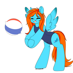 Size: 3000x3000 | Tagged: safe, artist:xcinnamon-twistx, oc, oc only, oc:sea feather, pegasus, pony, ball, beach ball, blue swimsuit, clothes, eyes closed, high res, one-piece swimsuit, open mouth, school swimsuit, simple background, solo, swimsuit, transparent background