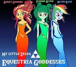 Size: 1911x1700 | Tagged: safe, artist:great-5, rainbow dash, sunset shimmer, wallflower blush, human, equestria girls 10th anniversary, equestria girls, g4, crossover, din, farore, female, goddess, gradient background, nayru, the legend of zelda, triforce, trio