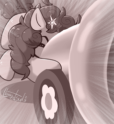 Size: 1005x1098 | Tagged: safe, artist:llametsul, pinkie pie, earth pony, pony, g4, atg 2023, monochrome, newbie artist training grounds, party cannon, solo