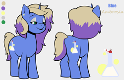 Size: 1807x1169 | Tagged: safe, artist:ahobobo, oc, oc only, oc:blue ambrosia, pony, unicorn, cutie mark, ear piercing, earring, eyeshadow, female, horn, jewelry, makeup, piercing, reference sheet, simple background, unicorn oc, white background