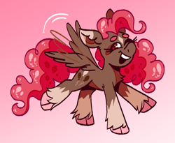 Size: 1100x900 | Tagged: safe, artist:msponies, pinkie pie, pegasus, pony, g4, alternate color palette, brown coat, cloven hooves, food, gradient background, pegasus pinkie pie, pink background, pink mane, race swap, red mane, solo, stimming, strawberry