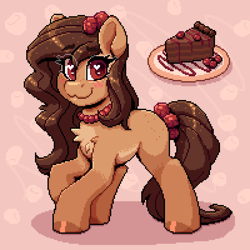 Size: 800x800 | Tagged: safe, artist:dandy, oc, oc only, oc:ruby, earth pony, pony, artfight, blushing, cake, chest fluff, chocolate cake, earth pony oc, eyebrows, eyebrows visible through hair, female, food, freckles, heart, heart eyes, jewelry, looking at you, mare, necklace, pixel art, raspberry (food), smiling, smiling at you, solo, tongue out, wingding eyes