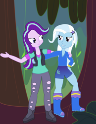 Size: 1940x2500 | Tagged: safe, artist:trixiecutiepox, starlight glimmer, trixie, human, equestria girls 10th anniversary, equestria girls, g4, road to friendship, arm around back, duo, duo female, equestria girls interpretation, female, hand on shoulder, scene interpretation