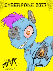 Size: 662x883 | Tagged: safe, artist:anonixar, oc, oc only, oc:cold wire, cyborg, earth pony, pony, colored, crazy face, cybernetic legs, cyberpunk, faic, full color, grenade launcher, gun, simple background, solo, weapon
