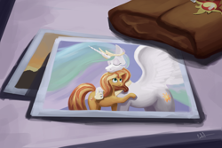 Size: 1280x854 | Tagged: safe, artist:calebpedigo, princess celestia, sunset shimmer, alicorn, pony, unicorn, g4, atg 2023, bag, duo, eyes closed, female, hug, mare, newbie artist training grounds, photo, saddle bag, smiling