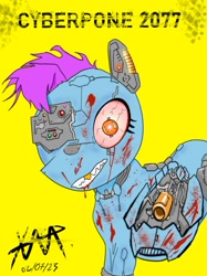 Size: 662x883 | Tagged: safe, artist:anonixar, oc, oc only, oc:cold wire, cyborg, earth pony, pony, blood, bloodshot eyes, colored, crying, cyberpunk, full color, grenade launcher, gun, nosebleed, simple background, solo, tears of blood, weapon