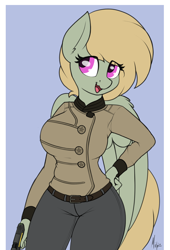 Size: 1332x1955 | Tagged: safe, artist:ponynamedmixtape, derpibooru exclusive, oc, oc only, oc:olive branch, pegasus, anthro, fallout equestria, belt, big breasts, breasts, clothes, enclave, female, grand pegasus enclave, gun, hand on hip, pants, plasma pistol, solo, weapon