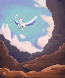 Size: 1280x1536 | Tagged: safe, artist:calebpedigo, zipp storm, pegasus, pony, g5, atg 2023, female, flying, large wings, mare, newbie artist training grounds, scenery, solo, spread wings, wings