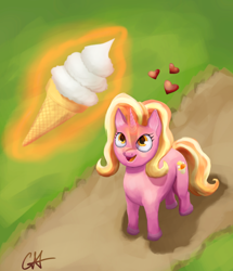 Size: 1280x1491 | Tagged: safe, artist:calebpedigo, luster dawn, pony, unicorn, g4, atg 2023, female, floating heart, food, glowing, glowing horn, heart, high angle, horn, ice cream, ice cream cone, levitation, looking up, magic, mare, newbie artist training grounds, open mouth, open smile, smiling, solo, telekinesis