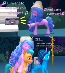 Size: 1920x2160 | Tagged: safe, artist:red4567, hitch trailblazer, izzy moonbow, misty brightdawn, earth pony, pony, unicorn, g5, 3d, atg 2023, boombox, coat markings, dancing, dialogue, female, gilligan cut, hoof heart, hoof hold, kiss (band), mare, newbie artist training grounds, onomatopoeia, singing, sleeping, socks (coat markings), song reference, sound effects, source filmmaker, tired, trio, unamused, underhoof, unshorn fetlocks, upside-down hoof heart, zzz