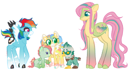 Size: 995x541 | Tagged: safe, artist:gossamoor, fluttershy, rainbow dash, oc, oc:garth, oc:shutter dawn, oc:vivid blitz, griffon, pegasus, pony, g4, adopted offspring, alternate design, cloud pattern, colored eyebrows, colored hooves, colored wings, female, foal, freckles, gradient legs, gradient wings, griffon oc, height difference, lesbian, magical lesbian spawn, mare, offspring, parent:fluttershy, parent:rainbow dash, parents:flutterdash, ship:flutterdash, shipping, simple background, tallershy, transparent background, wings