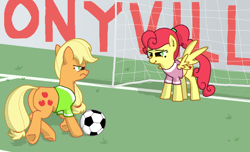 Size: 1072x651 | Tagged: safe, artist:kleyime, applejack, strawberry sunrise, earth pony, pegasus, pony, g4, atg 2023, ball, butt, clothes, female, football, goal, grass, jersey, kicking, mare, newbie artist training grounds, penalty kick, plot, ponytail, soccer field, sports, spread wings, wings