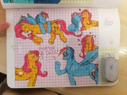 Size: 4000x3000 | Tagged: safe, artist:demiandemand, fluttershy, rainbow dash, pegasus, pony, g4, blushing, cuddling, female, graph paper, heart, kissing, lesbian, lying down, mare, ship:flutterdash, shipping, sketch, sketch dump, traditional art