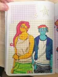 Size: 3000x4000 | Tagged: safe, artist:demiandemand, fluttershy, rainbow dash, human, equestria girls, g4, blushing, duo, female, graph paper, holding arms, lesbian, ship:flutterdash, shipping, smiling, traditional art