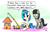 Size: 1500x950 | Tagged: safe, artist:ebbysharp, dj pon-3, octavia melody, vinyl scratch, earth pony, pony, unicorn, g4, atg 2023, bowtie, controller, crane, duckface, duo, duo female, female, literal, literal metaphor, looking at each other, looking at someone, mare, newbie artist training grounds, octavia's bowtie, open mouth, perplexed, pun, raise the roof, roof, sitting, standing, toy, wrong eye color