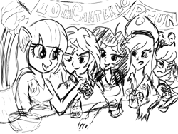 Size: 720x540 | Tagged: safe, artist:ciaran, applejack, cheerilee, rarity, sunset shimmer, twilight sparkle, human, equestria girls 10th anniversary, equestria girls, g4, alcohol, angry, banner, beer, beer bottle, bottle, flower, happy, laughing, simple background, sketch, smiling, white background