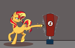 Size: 2329x1493 | Tagged: safe, artist:feralroku, sunset shimmer, pony, unicorn, equestria girls 10th anniversary, equestria girls, g4, female, fiery shimmer, fire, freestanding punching bag, kick, punching bag, smiling, solo