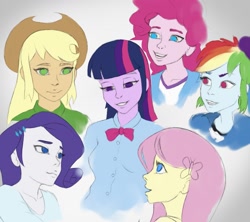 Size: 1347x1194 | Tagged: safe, artist:escapist, applejack, fluttershy, pinkie pie, rainbow dash, rarity, twilight sparkle, alicorn, human, equestria girls 10th anniversary, equestria girls, g4, colored sketch, humane five, humane six, looking at each other, looking at someone, no pupils, sketch, smiling, smiling at each other, twilight sparkle (alicorn)