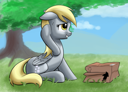 Size: 3000x2160 | Tagged: safe, artist:stellardust, derpy hooves, pegasus, pony, g4, box, female, grin, high res, i just don't know what went wrong, mare, nervous, nervous smile, nervous sweat, outdoors, sitting, smiling, solo