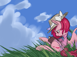 Size: 2048x1536 | Tagged: safe, artist:metaruscarlet, oc, oc only, oc:metaru scarlet, pegasus, pony, book, clothes, cloud, female, grass, hat, pegasus oc, reading, ribbon, sky, solo, straw hat