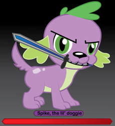 Size: 7492x8191 | Tagged: safe, artist:cardshark777, spike, dog, equestria girls 10th anniversary, equestria girls, g4, boss battle, dark souls, digital art, glare, life bar, mouth hold, reference, solo, spike the dog, toy