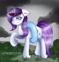 Size: 2385x2500 | Tagged: safe, artist:galaxy swirl, rarity, pony, unicorn, g4, female, frown, high res, inner tube, makeup, mare, pool toy, rain, raised hoof, rarity is not amused, running makeup, solo, sunglasses, unamused, unshorn fetlocks, wet, wet mane, wet mane rarity