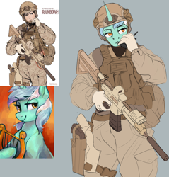 Size: 3124x3269 | Tagged: safe, artist:ryanmandraws, lyra heartstrings, unicorn, anthro, g4, body armor, clothes, gun, helmet, high res, military, military uniform, rifle, sketch, uniform, weapon