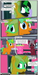 Size: 1519x2942 | Tagged: safe, artist:mrkm, oc, oc only, oc:caramel star(mrkm), oc:cherry night, oc:hard sprocket, bat pony, pony, unicorn, comic:synthesis, bat pony oc, comic, dialogue, door, fangs, faucet, female, glowing, glowing horn, hoof on chin, horn, kitchen, looking at you, magic, male, mare, open mouth, poster, rubbing eyes, smiling, smiling at you, soot, speech bubble, stallion, stool, table, telekinesis, towel, trio, unicorn oc, unshorn fetlocks, window