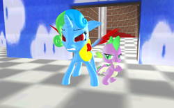 Size: 1920x1200 | Tagged: safe, artist:puzzlshield2, spike, oc, oc:puzzle shield, alicorn, dragon, pony, series:puzzle's grimace shake experience, g4, 3d, aftermath, alicorn oc, angry, battle stance, duo, horn, mmd, super mario 64, super mario bros., wings