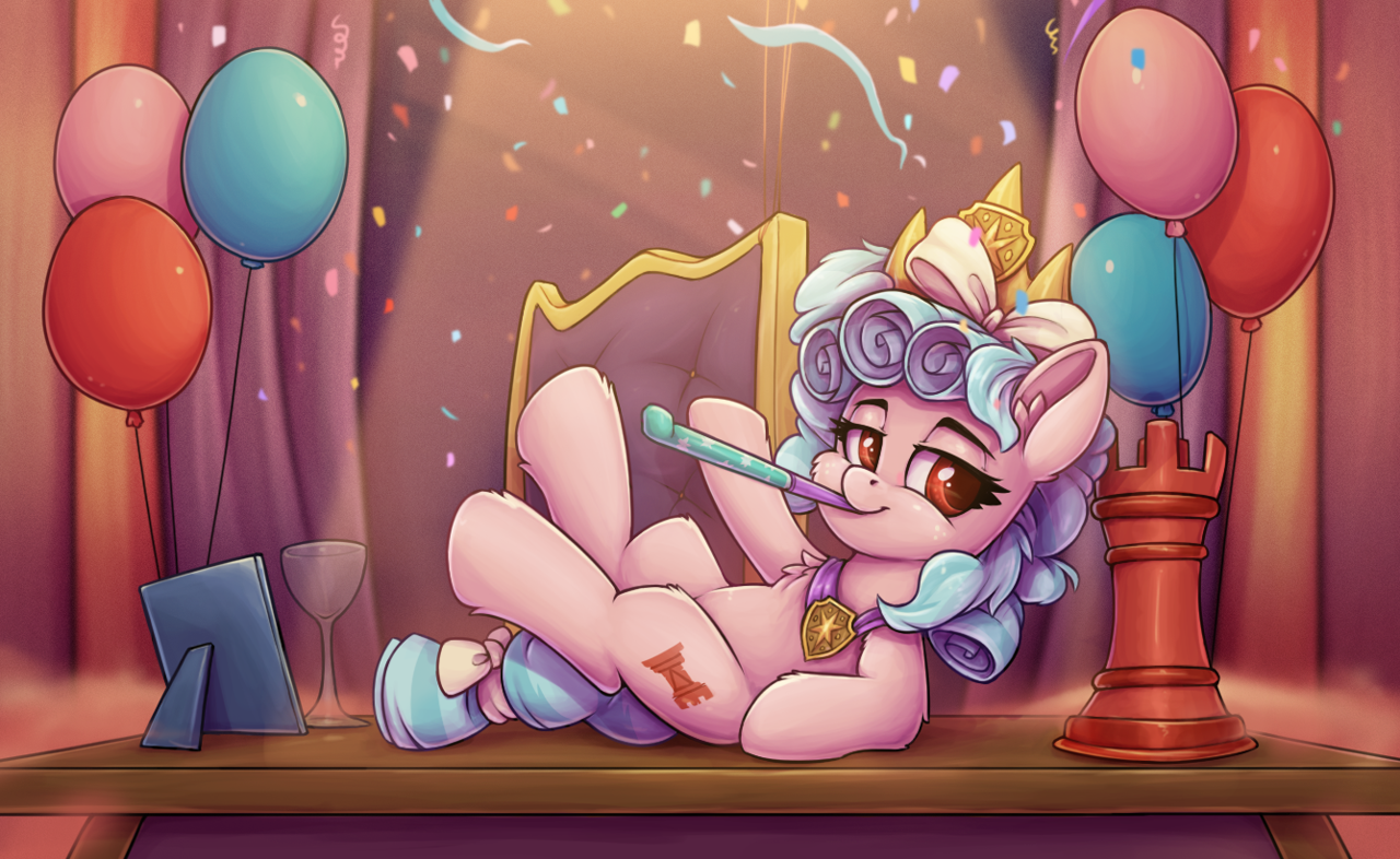 [balloon,chair,chest fluff,confetti,crown,female,filly,foal,glass,jewelry,light,looking at you,newbie artist training grounds,night,party,party horn,pegasus,pony,ribbon,safe,sitting,solo,table,regalia,rook,ear fluff,smiling,cheek fluff,cozy glow,artist:zeepheru_pone,atg 2023]