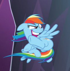 Size: 436x443 | Tagged: safe, screencap, rainbow dash, pegasus, pony, g4, school raze, season 8, charge, cropped, dreamworks face, faic, female, floppy ears, flying, gums, imminent pain, looking back, mare, open mouth, open smile, rainbow dash is best facemaker, raised hoof, raised leg, smiling, solo, spread wings, teeth, wings