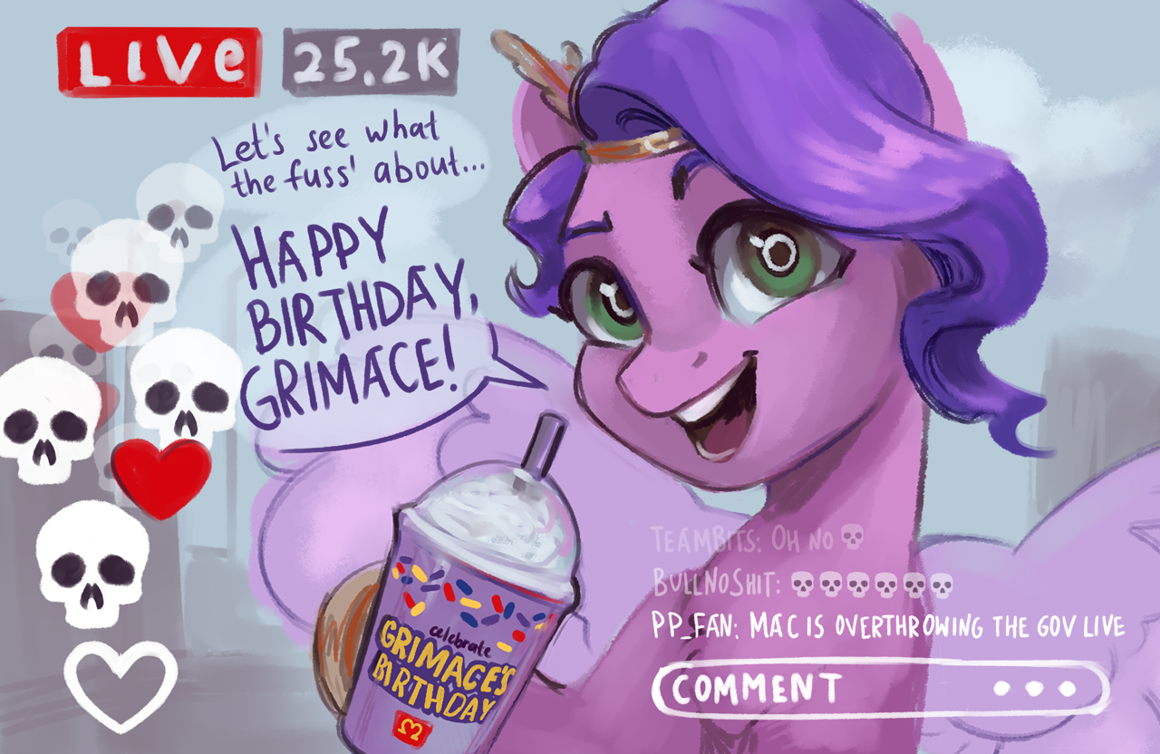 [cute,drink,female,g5,heart,livestream,looking at you,mare,meme,milkshake,open mouth,pegasus,pony,safe,skull,solo,speech bubble,text,this will end in tears,this will end in tears and/or death,vulgar,this will end in pain,this will end in death,emoji,mcdonald's,moments before disaster,artist:jewellier,adorapipp,pipp petals,grimace shake]