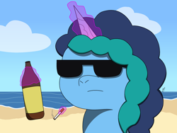 Size: 2800x2100 | Tagged: safe, artist:alejandrogmj, misty brightdawn, pony, unicorn, g5, alcohol, beach, beer, cigarette, glowing, glowing horn, high res, horn, smoking, sunglasses