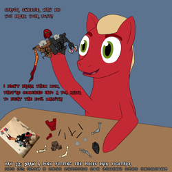 Size: 3000x3000 | Tagged: safe, artist:khazard, sprout cloverleaf, earth pony, pony, g5, atg 2023, bionicle, high res, implied phyllis cloverleaf, instructions, lego, male, matoran language, newbie artist training grounds, onua, pohatu, simple background, solo, table, tahu