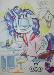 Size: 974x1347 | Tagged: safe, artist:andypriceart, rarity, pony, unicorn, g4, alcohol, clock, cup, dialogue, early, exhausted, eyeshadow, female, frown, glass, looking at you, makeup, mare, messy hair, messy mane, pillow, purple hair, purple mane, sitting, solo, speech bubble, spill, spilled drink, tired, traditional art, wine, wine glass