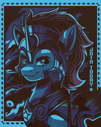 Size: 2400x3000 | Tagged: safe, artist:poxy_boxy, oc, oc only, oc:slashing prices, pony, unicorn, armor, badge, commission, guard armor, helmet, high res, horn, limited palette, looking at you, male, propaganda, royal guard, royal guard armor, smiling, smiling at you, solo, stallion, tack, text, unicorn oc, watermark