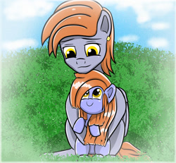 Size: 900x831 | Tagged: safe, artist:undisputed, oc, oc only, pegasus, pony, fanfic:golden reign, fanfic, fanfic art, father and child, father and daughter, female, filly, foal, grass, male, sitting, sky, smiling, stallion