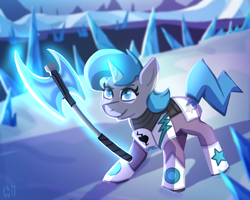 Size: 1500x1200 | Tagged: safe, artist:cnv99, oc, oc:tango starfall, pony, unicorn, armor, axe, battle axe, blue eyes, blue mane, epic, female, fight, gray coat, laser, laser axe, mare, science fiction, smiling, solo, weapon