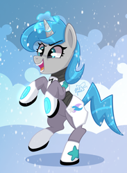 Size: 2299x3147 | Tagged: safe, artist:wizard hat, oc, oc only, oc:tango starfall, pony, unicorn, armor, cute, female, high res, mare, rearing, smiling, snow, snowfall, solo