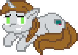 Size: 490x350 | Tagged: safe, artist:cluster bright, oc, oc only, oc:littlepip, pony, unicorn, fallout equestria, female, grin, horn, looking at you, lying down, mare, nervous, nervous smile, pixel art, prone, simple background, smiling, smiling at you, solo, transparent background, unicorn oc