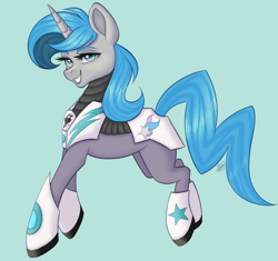 Size: 2522x2375 | Tagged: safe, artist:mxiiisy, oc, oc only, oc:tango starfall, pony, unicorn, armor, blue eyes, blue hair, blue tail, female, gray coat, green background, high res, mare, pretty, science fiction, simple background, smiling, solo, tail