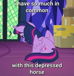 Size: 717x740 | Tagged: safe, edit, edited screencap, screencap, twilight sparkle, alicorn, pony, g4, season 9, the last problem, box, butt, cropped, depressed, female, mare, meme, plot, sad, solo, text, twilight sparkle (alicorn), twilight's castle