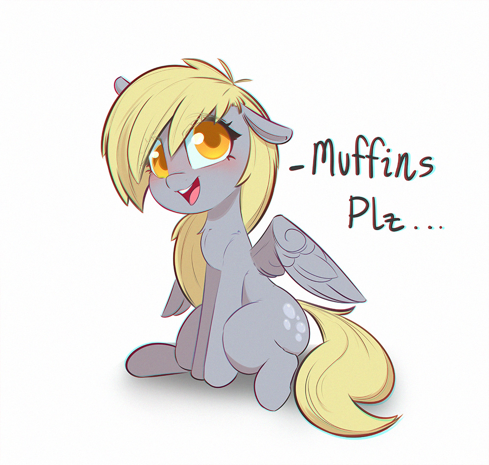 [chest fluff,cute,derpy hooves,female,floppy ears,mare,muffin,open mouth,pegasus,pony,safe,simple background,sitting,solo,talking to viewer,white background,derpabetes,smiling,that pony sure does love muffins,colored pupils,open smile,artist:inkypuso]
